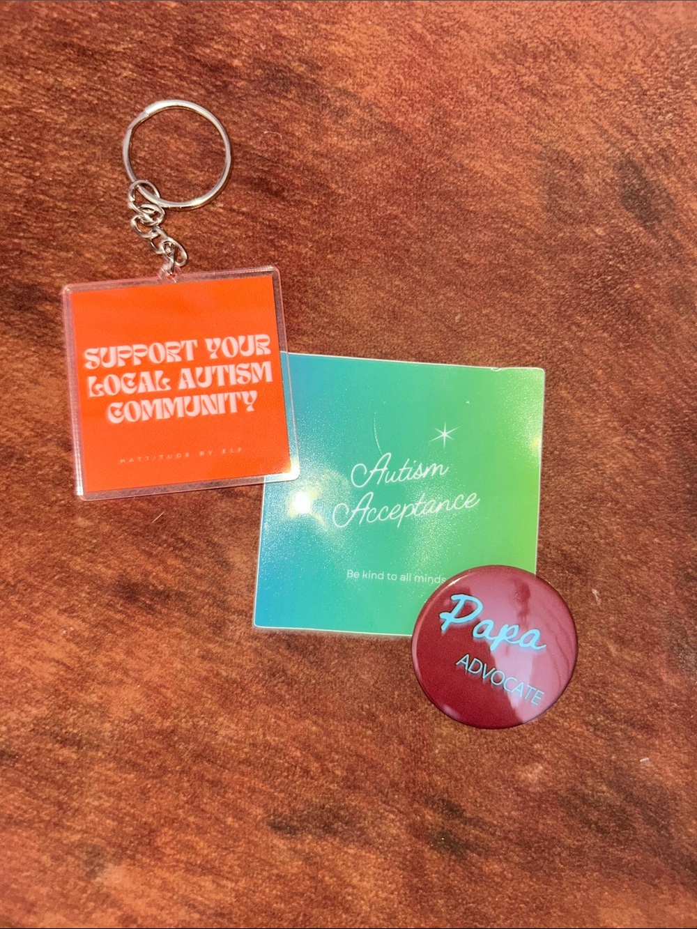 Autism Acceptance Keychain & Pins - Orange, Teal, Burgundy